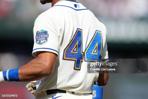 Detail photo of the back of a jersey worn by Julio Rodriguez of the Seattle Mariners in the second inning during the game between the Los Angeles...