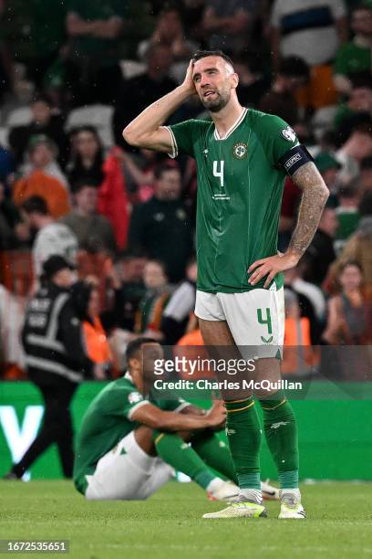Shane Duffy of Republic of Ireland looks dejected after the UEFA EURO 2024 European qualifier match between Republic of Ireland and Netherlands at...