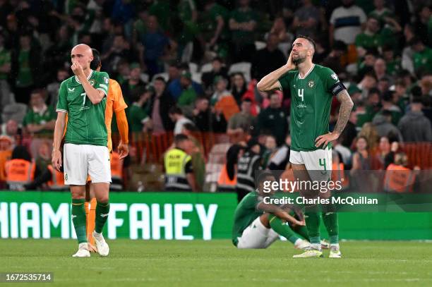 Shane Duffy of Republic of Ireland looks dejected after the UEFA EURO 2024 European qualifier match between Republic of Ireland and Netherlands at...