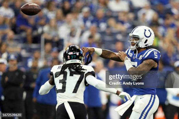 Anthony Richardson of the Indianapolis Colts throws a pass in the second half of a game against the Jacksonville Jaguar at Lucas Oil Stadium on...