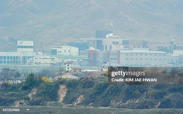 North Korean guard post stands in front of a closed Seoul-funded industrial complex in Kaesong north of the border on April 23, 2013. Tensions simmer...