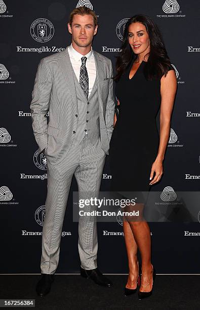 Chris Hemsworth and Megan Gale pose during the 50th Anniversary Wool Awards at Royal Hall of Industries, Moore Park on April 23, 2013 in Sydney,...