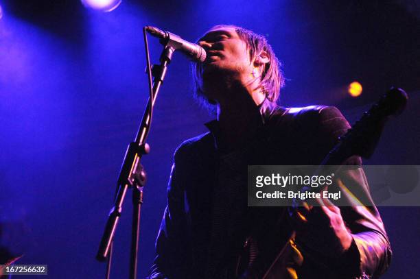 Oskar Humlebo of Motoboy perform on stage at the Electric Ballroom on April 18, 2013 in London, England.