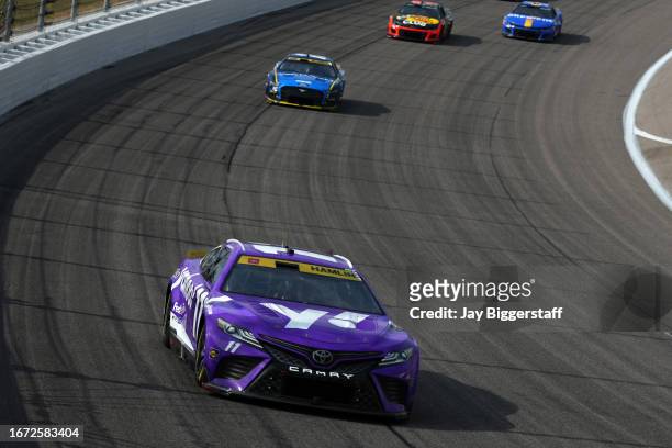 Denny Hamlin, driver of the Yahoo! Toyota, Ryan Blaney, driver of the Wabash Ford, Austin Dillon, driver of the Bass Pros Shops Chevrolet, and Erik...