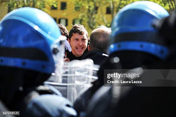 Students clash with the police during a demonstration at Scuola Superiore Sant'Anna on April 23, 2013 in Pisa, Italy. Clashes between the police and...