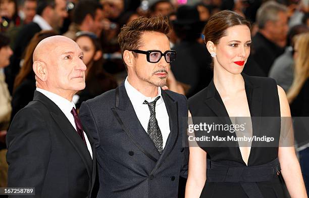 Sir Ben Kingsley, Robert Downey Jr and Rebecca Hall attend a special screening of 'Iron Man 3' at Odeon Leicester Square on April 18, 2013 in London,...