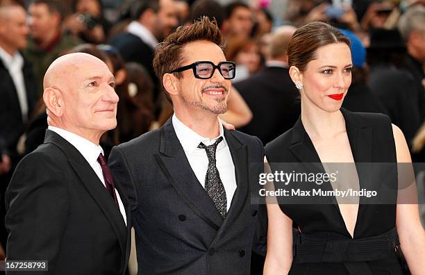 Sir Ben Kingsley, Robert Downey Jr and Rebecca Hall attend a special screening of 'Iron Man 3' at Odeon Leicester Square on April 18, 2013 in London,...