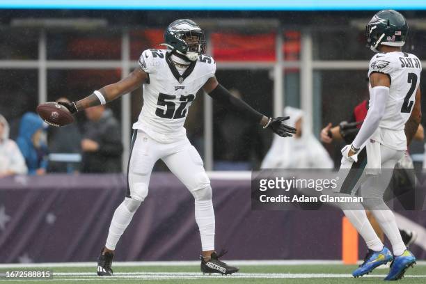 Zach Cunningham of the Philadelphia Eagles and Darius Slay of the Philadelphia Eagles celebrate after Cunningham's fumble recovery during the first...
