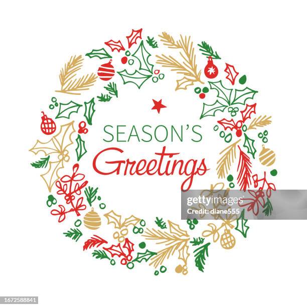 cute doodled christmas wreath template with holiday text - christmas wreath transparent stock illustrations