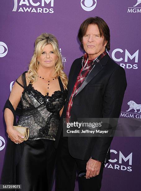 Musician/singer John Fogerty and wife Julie Lebiedzinsk arrive at the 48th Annual Academy of Country Music Awards at the MGM Grand Garden Arena on...