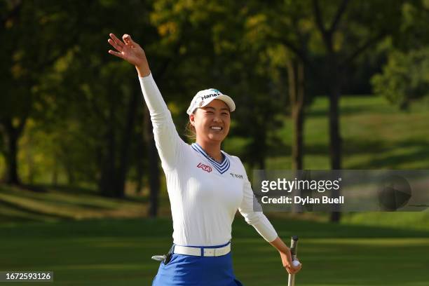 Minjee Lee of Australia celebrates winning on the 18th green second-playoff hole during the final round of the Kroger Queen City Championship...