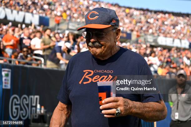 Former Chicago Bear Dick Butkus is seen on the sideline during the game between the Chicago Bears and the Green Bay Packers at Soldier Field on...