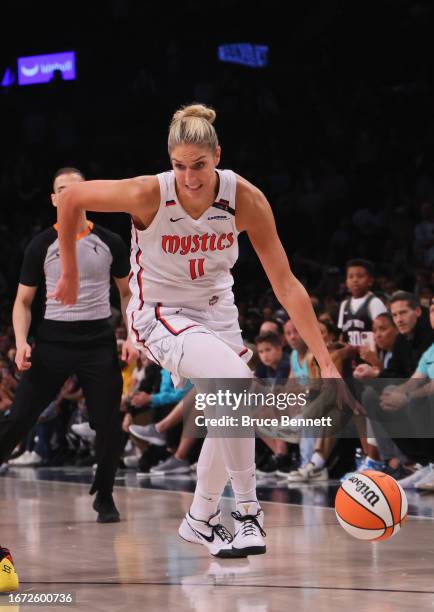 Elena Delle Donne of the Washington Mystics plays against the New York Liberty at Barclays Center on September 10, 2023 in the Brooklyn borough of...