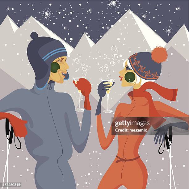 toast auf die skipiste. - skikleidung stock-grafiken, -clipart, -cartoons und -symbole