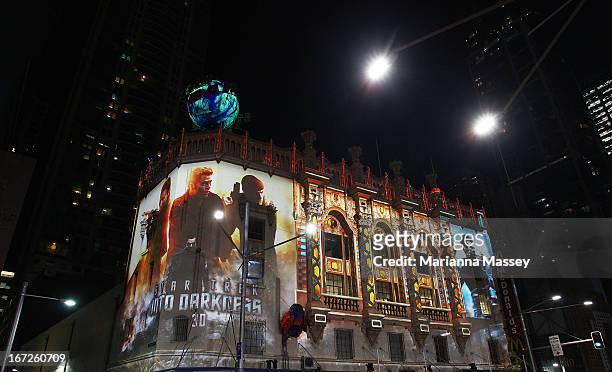 Projections are seen on a building at the "Star Trek Into Darkness" Australian Premiere at Event Cinemas George Street on April 23, 2013 in Sydney,...