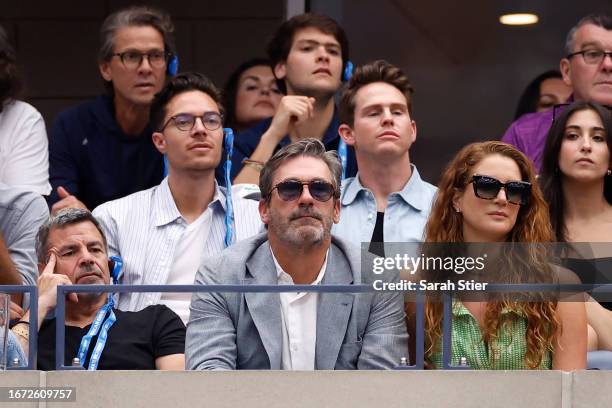 American actor Jon Hamm looks on during the Men's Singles Final match between Novak Djokovic of Serbia and Daniil Medvedev of Russia on Day Fourteen...