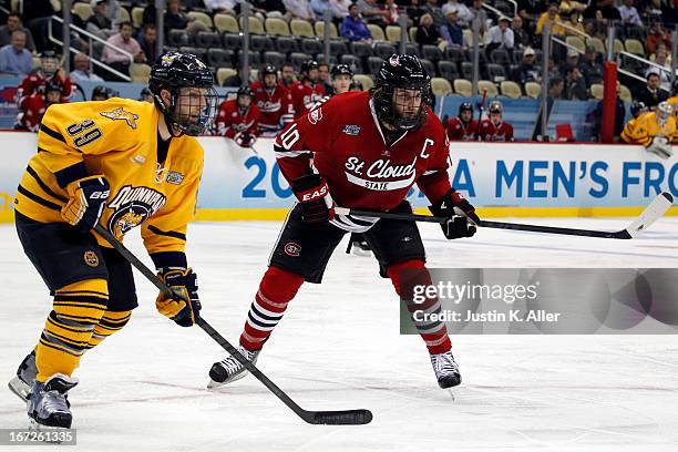 Ben Hanowski of the St. Cloud State Huskies skates against the Quinnipiac Bobcats during the game at Consol Energy Center on April 11, 2013 in...