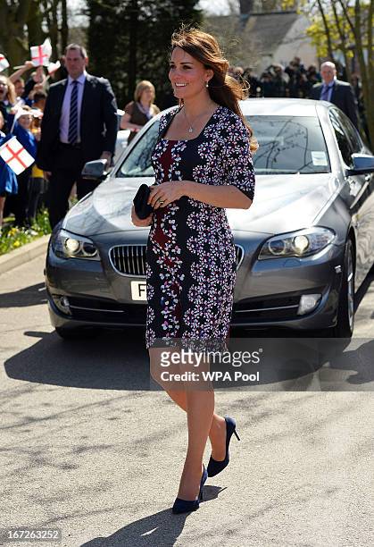 Catherine, Duchess of Cambridge arrives to visit The Willows Primary School, Wythenshawe to launch a new school counseling program on April 23, 2013...