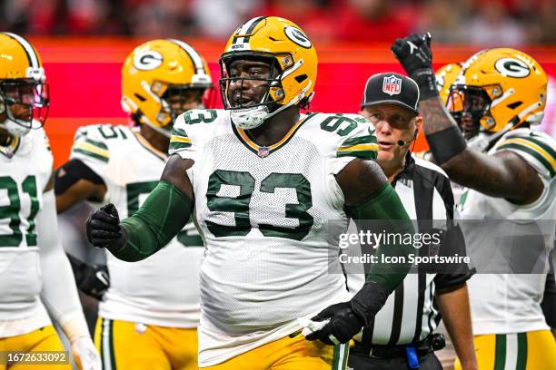 Green Bay defensive tackle T.J. Slaton reacts during the NFL game between the Green Bay Packers and the Atlanta Falcons on September 17th, 2023 at...