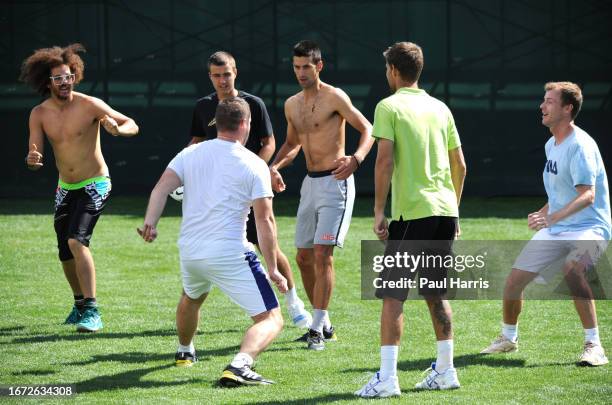 Novak Djokovic plays soccer at the BNP Paribas Open in Indian Wells. He persuaded the female tennis player Victoria Azarenka's boyfriend Stefan...