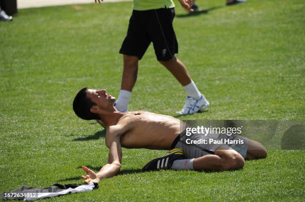 Novak Djokovic plays soccer at the BNP Paribas Open in Indian Wells. He persuaded the female tennis player Victoria Azarenka's boyfriend Stefan...