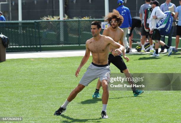 Novak Djokovic plays soccer at the BNP Paribas Open in Indian Wells. He persuaded the female tennis player Victoria Azarenka's boyfriend Stefan...