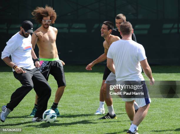 Novak Djokovic plays soccer at the BNP Paribas Open in Indian Wells. He persuaded the female tennis player Victoria Azarenka's boyfriend Stefan...