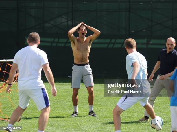 Novak Djokovic plays soccer at the BNP Paribas Open in Indian Wells. He persuaded the female tennis player Victoria Azarenka's boyfriend Stefan...