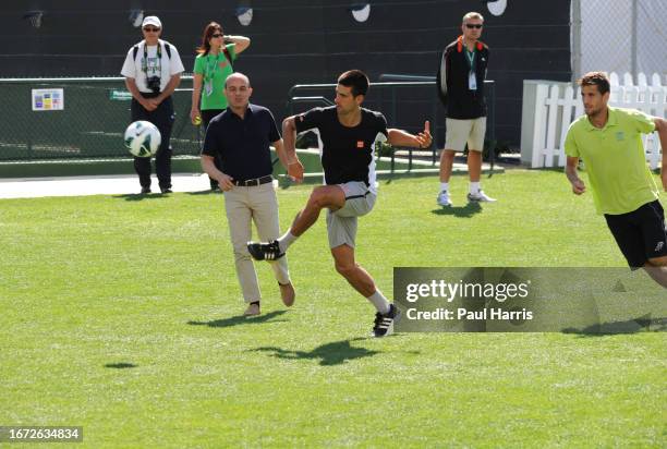 Novak Djokovic plays soccer at the BNP Paribas Open in Indian Wells. He persuaded the female tennis player Victoria Azarenka's boyfriend Stefan...