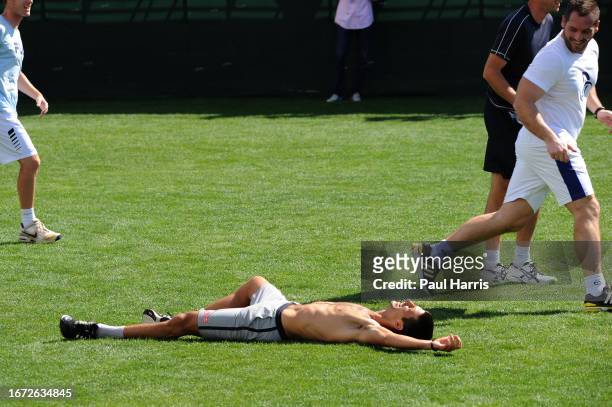 Novak Djokovic plays soccer at the BNP Paribas Open in Indian Wells. He persuaded the female tennis player Victoria Azarenka's boyfriend Stefan...