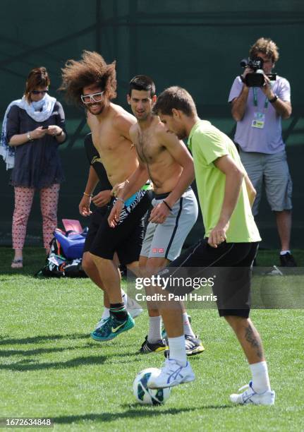 Novak Djokovic plays soccer at the BNP Paribas Open in Indian Wells. He persuaded the female tennis player Victoria Azarenka's boyfriend Stefan...