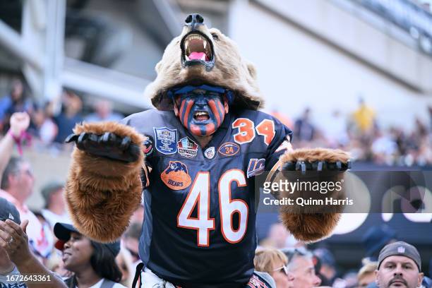 Fan poses for a photo during the game between the Chicago Bears and the Green Bay Packers at Soldier Field on September 10, 2023 in Chicago, Illinois.