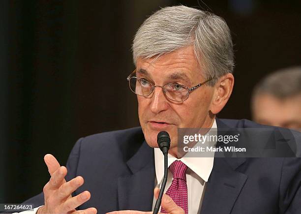 Secretary of the Army John McHugh testifies during a Senate Armed Services Committee hearing, on April 23, 2013 in Washington, DC. The committee is...