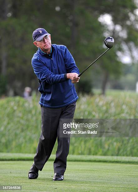 Frank Beard hits a drive on the second hole during the final round of the Demaret Division at the Liberty Mutual Insurance Legends of Golf at The...