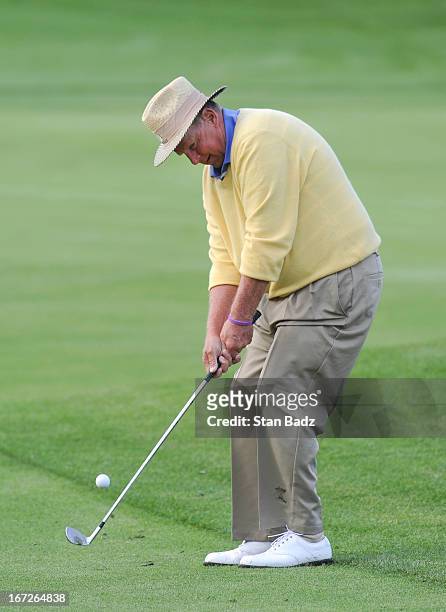 Larry Ziegler chips onto the first green during the final round of the Demaret Division at the Liberty Mutual Insurance Legends of Golf at The Westin...