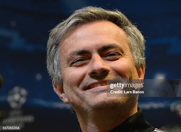 Jead coach Jose Mourinho smiles during a Real Madrid press conference ahead of their UEFA Champions League Semi Final first leg match against...