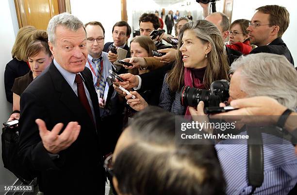 Sen. Max Baucus answers questions from reporters April 23, 2013 on Capitol Hill in Washington, DC. It was announced earlier that Baucus, after 36...