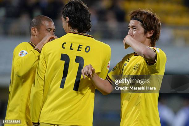 Tatsuya Masushima of Kashiwa Reysol celebrates the first goal during the AFC Champions League Group H match between Kashiwa Reysol and Guizhou Renhe...