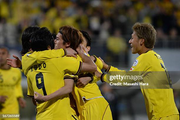 Tatsuya Masushima of Kashiwa Reysol celebrates the first goal during the AFC Champions League Group H match between Kashiwa Reysol and Guizhou Renhe...