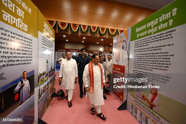 National President JP Nadda during the inauguration of Exhibition on Prime Minister Narendra Modi birthday as Sewa Diwas at BJP Headquaters on...