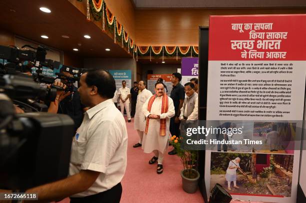 National President JP Nadda during the inauguration of Exhibition on Prime Minister Narendra Modi birthday as Sewa Diwas at BJP Headquaters on...