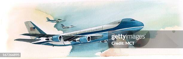 Col x 2.5 in / 196x64 mm / 667x216 pixels Lee Hulteng watercolor illustration of Air Force One with fighter jet escort.