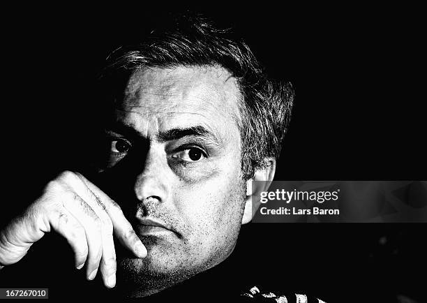 Head coach Jose Mourinho looks on during a Real Madrid press conference ahead of their UEFA Champions League Semi Final first leg match against...