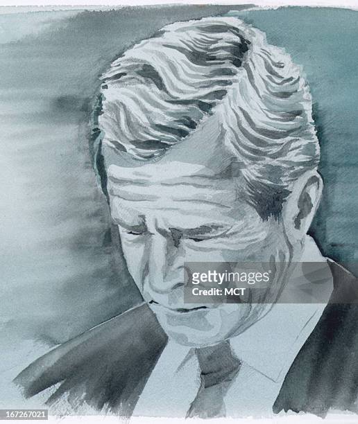 Col x 4.5 in / 96x114 mm / 327x389 pixels Lee Hulteng watercolor illustration of President Bush thinking.