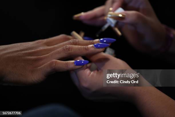 Nail detail of a model preparing backstage for the N.Digo fashion show during New York Fashion Week The Shows at Mezzanine at Spring Studios on...