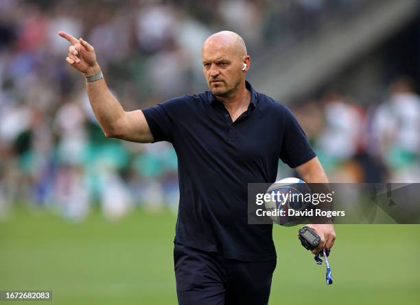 Gregor Townsend, the Scotland head coach looks on during the Rugby World Cup France 2023 Group B match between South Africa and Scotland at Stade...