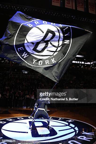 The BrooklyKnight Brooklyn Nets mascot perform during the game between the Chicago Bulls in Game Two of the Eastern Conference Quarterfinals during...