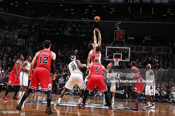 Jumpball between the Brooklyn Nets and the Chicago Bulls in Game Two of the Eastern Conference Quarterfinals during the 2013 NBA Playoffs on April 22...