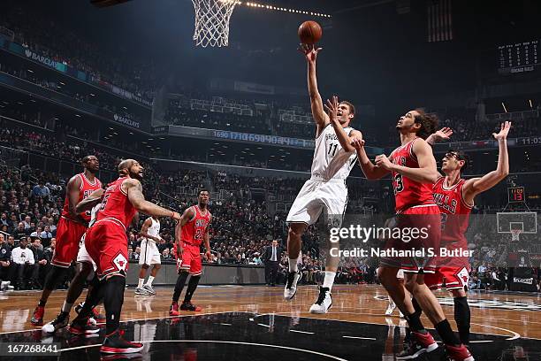 Brook Lopez of the Brooklyn Nets shoots against the Chicago Bulls in Game Two of the Eastern Conference Quarterfinals during the 2013 NBA Playoffs on...