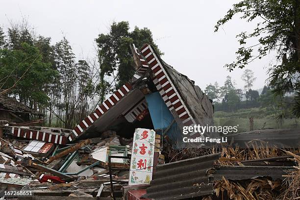 Rubble from a collapsed building after a strong earthquake hit Southwest China's Sichuan Province on April 23, 2013 in Longmen township of Lushan...